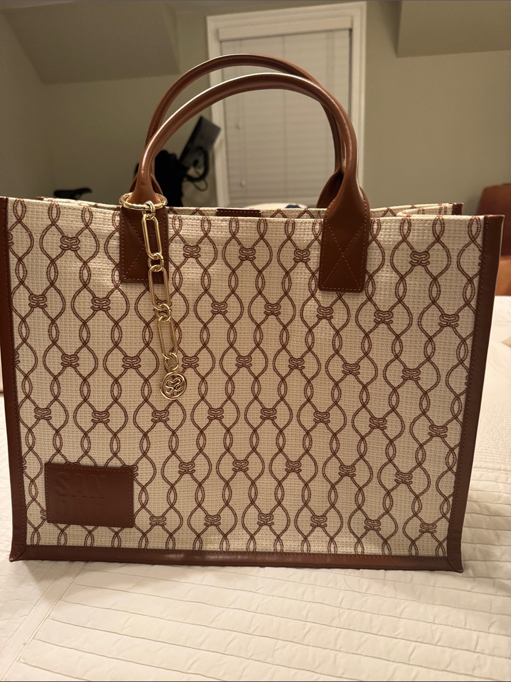 Sandro Cream Canvas Tote with Brown Trim and Gold Hardware
